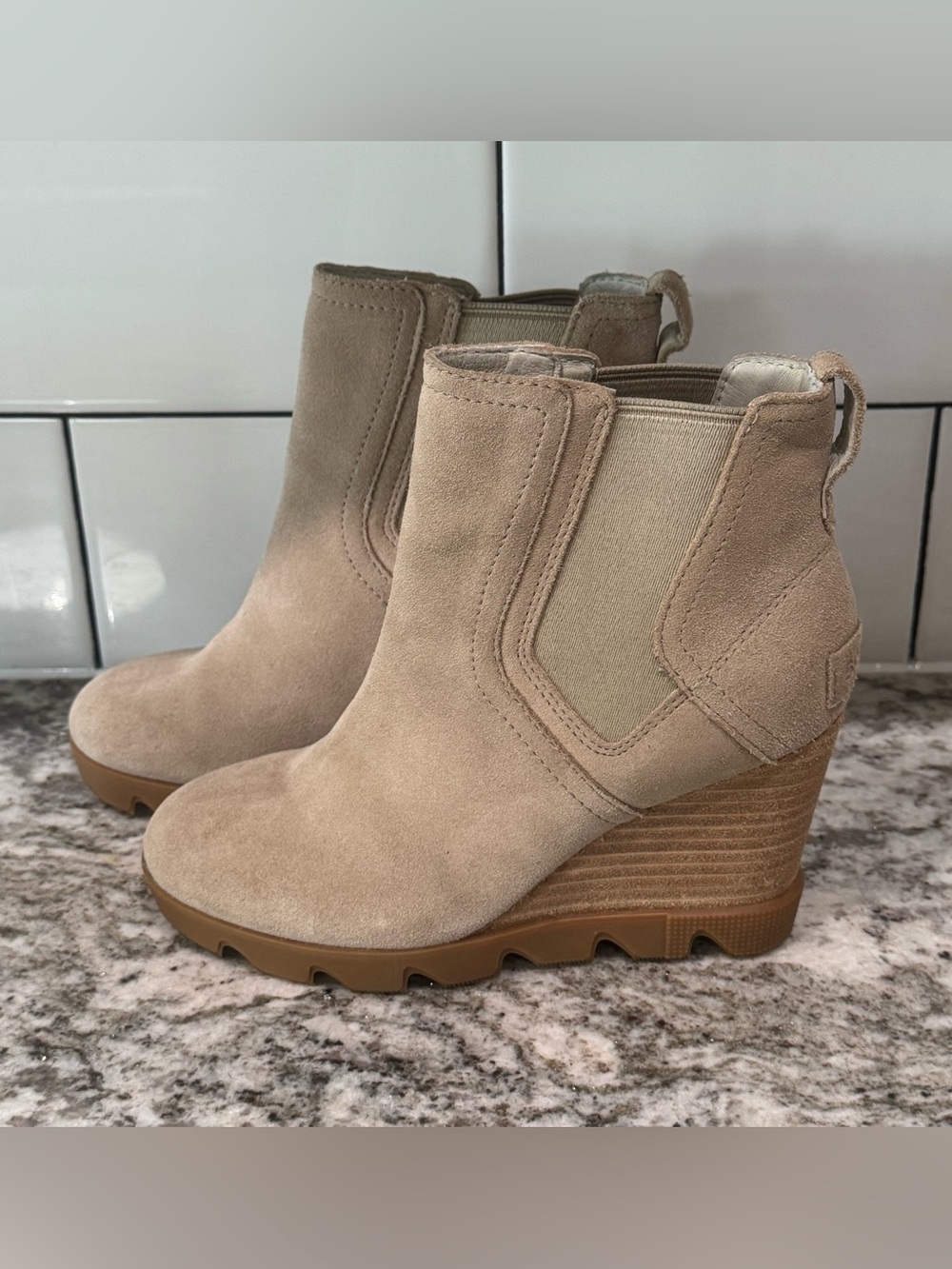 SOREL Joan Uptown Chelsea Waterproof Leather Wedge Boots Taupe Outdoor Chic